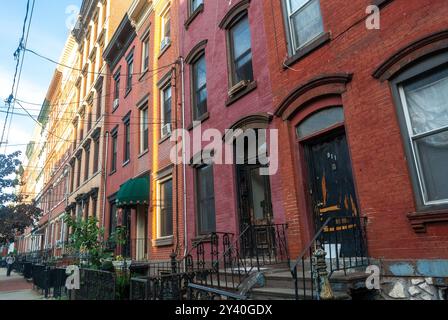 Hoboken, New Jersey, USA, Street Scenes, Suburbs, Old Architecture, Townhouses, Fronts, Brick Apartment Buildings, Brownstones, Stock Photo