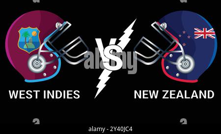West Indies vs New Zealand: 3D Illustration of Cricket Helmets and Flags Stock Vector