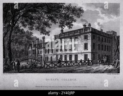 Displays Queen's College, Oxford, as seen from the river in an engraving by Elizabeth Byrne, beautifully capturing the college's architecture on 1 March 1810. Stock Photo