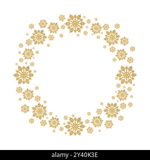 Festive round frame made of golden decorative snowflakes isolated on white background. Stock Photo