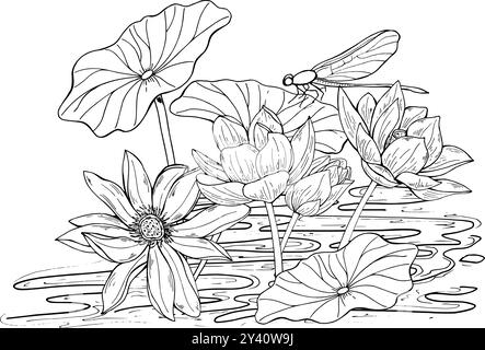 Lotus flowers growing in water and sitting dragonfly on leaf vector isolated illustration by black inks. Water Lily Vietnamese national flowers Stock Vector