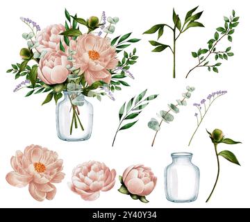 Set of Bouquet of peonies, with eucalyptus in a glass vase, watercolor illustration on white backgroun:. Delicate flowers for wedding decoration, holidays, birthdays  Stock Photo