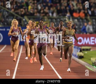 Diribe Welteji of Ethiopia and Faith Kipyegon of Kenya competing in the women’s 1500m at the Memorial Van Damme Diamond League athletics finals at the Stock Photo