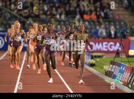 Diribe Welteji of Ethiopia and Faith Kipyegon of Kenya competing in the women’s 1500m at the Memorial Van Damme Diamond League athletics finals at the Stock Photo