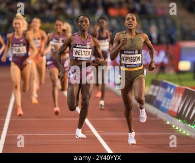 Diribe Welteji of Ethiopia and Faith Kipyegon of Kenya competing in the women’s 1500m at the Memorial Van Damme Diamond League athletics finals at the Stock Photo