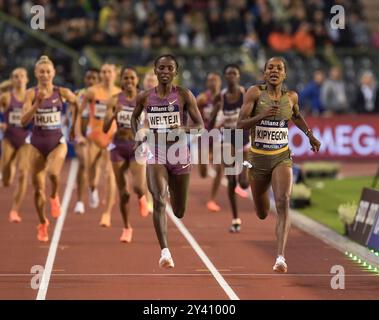 Diribe Welteji of Ethiopia and Faith Kipyegon of Kenya competing in the women’s 1500m at the Memorial Van Damme Diamond League athletics finals at the Stock Photo