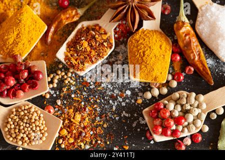 Various spices in wooden spoons Stock Photo