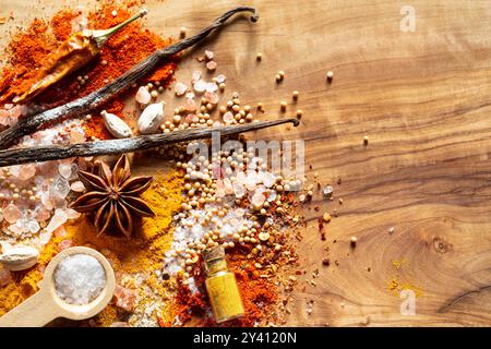 Various spices on wooden background Stock Photo