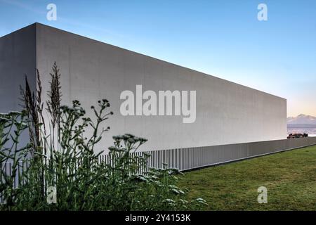 Architctural detail of mudac and Photo Elyseé building on Platforme 10 in Lausanne, Switzerland in brutalist-minimalist style, finished in 2022. Stock Photo