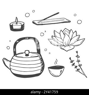 Icon set wellness, spa, meditation, with lotus flower, candles, towels, buddha bath salt leafs and flowers Stock Vector