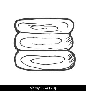 Outline doodle pile of textile towels. Hand drawn kitchen and bathroom equipment vector illustration. Shower and bath supply. Stock Vector