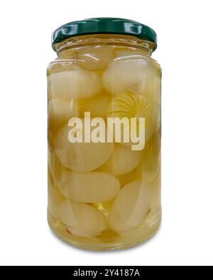 Pickled onions in glass jar isolated on white with clipping path included Stock Photo