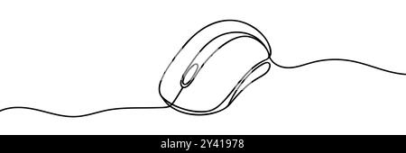 Computer mouse in continuous One line drawing vector. Mouse cursor to PC icon. Continuous outline of a Mouse computer device icon. Stock Vector