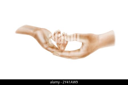 Male and female hands holding legs of newborn baby as a symbol of unity, family, love and tenderness. Hand drawn watercolor clipart on transparent Stock Photo