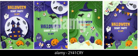 Halloween background. Autumn party poster. Pumpkin and witch house. Cemetery gravestones. Happy ghosts. 3D origami design. Skeleton skulls. Trick or treat. October sale. Vector invitation flyers set Stock Vector