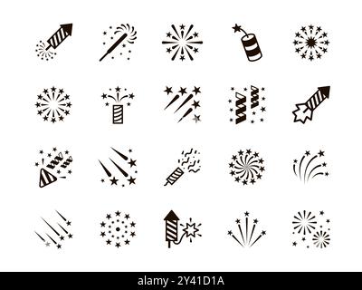 Firework icons. Party sparkles. New Year stars. Chinese anniversary explosion light. Christmas or birthday flashes. Holiday congratulation bursts. Black silhouette firecrackers. Vector flat signs set Stock Vector