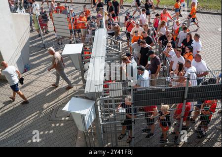 LUBIN, POLAND - AUGUST 17, 2024: Football match Polish PKO Ekstraklasa between KGHM Zaglebie Lubin vs Lech Poznan. Security and supporters at the entr Stock Photo