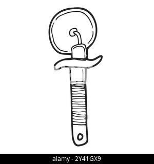 Round pizza cutting knife. Kitchen appliance for cutting dough. Decorative element for menu design, recipes, and food packaging. Hand-drawn and isolat Stock Vector