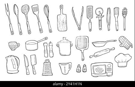 Set of doodle kitchen utensil outline in black isolated over white background. Vector sketch in line Stock Vector