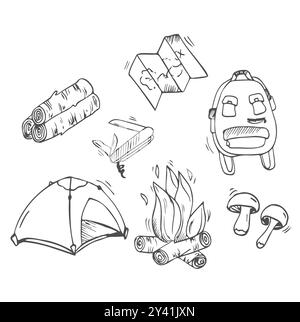 Set of doodle forest camping design elements. Hand drawn vector illustrations isolated Stock Vector