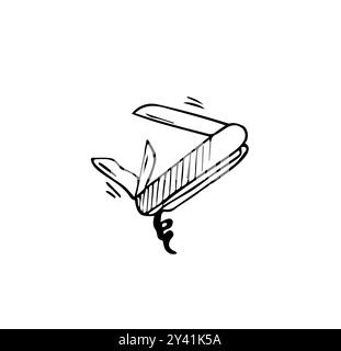 Single continuous line drawing of multi purpose pocket knife for outdoor camping equipment. Multi function tool hover concept. Modern one line draw de Stock Vector