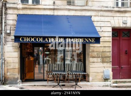 Chocolaterie Dardenne, Bordeaux France,Chocolate fondue, ice creams, hot chocolate, pancakes, spreads and confectionery. Stock Photo