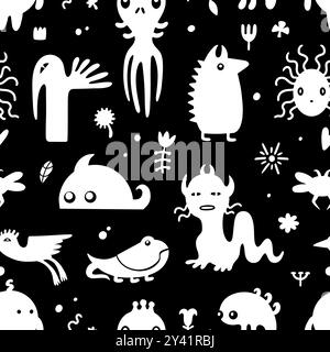 Cute creatures seamless pattern. Doodle monsters, aliens print design for fabric, wallpaper or wrapping. Decorative abstract template, vector Stock Vector