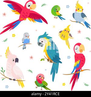 Cartoon parrots. Tropical parrot, exotic birds vibrant funny characters. Flying and sitting animals, cockatoo on branch. Cute childish mascots nowaday Stock Vector