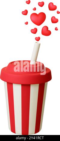 Paper cup 3d icon. Fast food restaurant mug with drinking straw and cap. Isolated realistic drinks with flying hearts, likes lemonade and soda vector Stock Vector