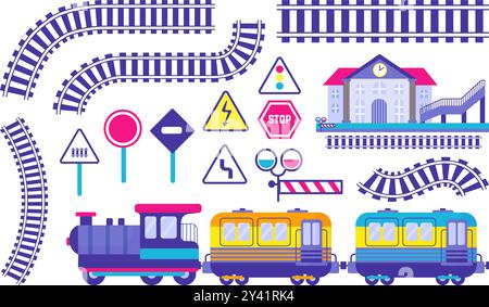 Cartoon railway elements. Steam train and wagons, rails silhouettes, road signs and flat station. Children transportation objects neoteric vector set Stock Vector