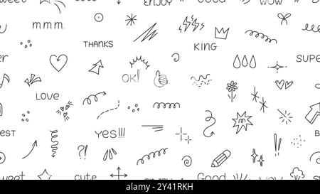 Positive words seamless pattern. Wow love king cute good lettering. Doodle tiny expression elements, exclamation marks arrows hearts, vector Stock Vector