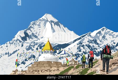 Mount Dhaulagiri peak as seen near Thorung La pass and three hikers and Buddhist stupa with prayer flags, Mount Annapurna circuit trekking trail, vect Stock Vector