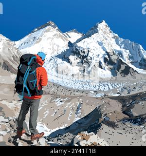 mount Everest Lhotse and Nuptse from Nepal side as seen from Pumori base camp with hiker, vector illustration, Mt Everest 8,848 m, Khumbu valley, Saga Stock Vector