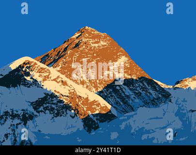 mount Everest as seen from Kala Patthar evening sunset view, vector illustration logo, Mt Everest 8,848 m, Nepal Himalaya mountain Stock Vector