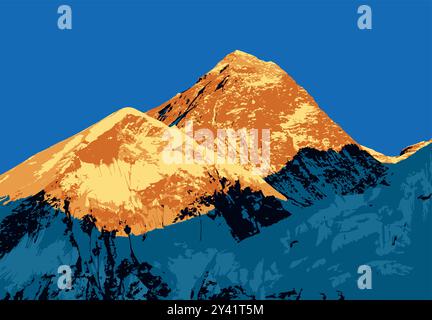 mount Everest as seen from Kala Patthar evening sunset view, vector illustration logo, Mt Everest 8,848 m, Nepal Himalaya mountain Stock Vector