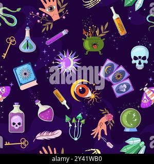 witchcraft pattern. fantasy items for witches cartoon seamless background Stock Vector