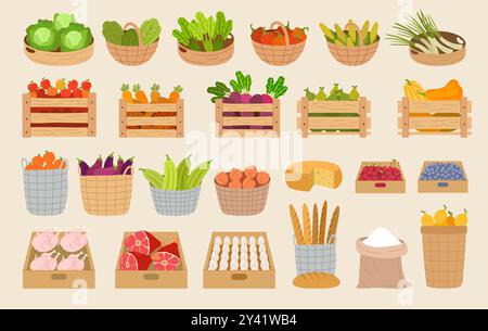 Farm products. Eco natural healthy food planting on farm fruits vegetables milk meat recent vector products in basket Stock Vector