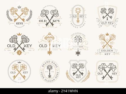 Keys. Luxury premium royal brand identity icons recent vector badges with stylized keys illustrations Stock Vector