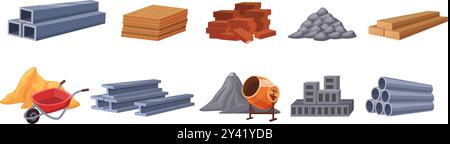 Cartoon building materials. Piles of bricks, stones, metal pipes and slabs. Sand, concrete mixer and wooden panels. Construction nowaday vector tools Stock Vector