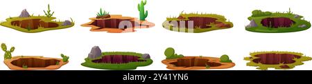 Cartoon ground holes. Animal entrance hole in earth, garden pit soil. Forest desert grounds elements with grass stones plants, nowaday vector set Stock Vector