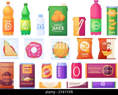 Cartoon vending products. Chocolate and cereal bars, drinks in cans and bottles, snack in plastic packs. Sandwich burger donut, fast food nowaday Stock Vector