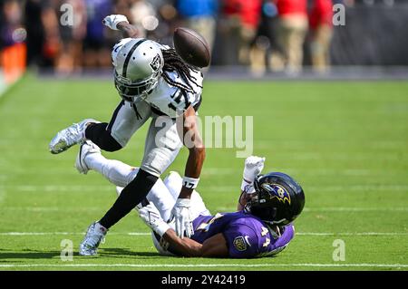 Baltimore, Maryland, on Sunday, September 15, 2024. Baltimore Ravens cornerback Marlon Humphrey (44) interferes with a pass intended for Las Vegas Raiders wide receiver Davante Adams (17) during the first half of the Ravens' home opener game at M&T Bank Stadium in Baltimore, Maryland, on Sunday, September 15, 2024. Photo by David Tulis/UPI Credit: UPI/Alamy Live News Stock Photo