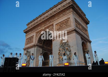 Paris, France - September 14 2024: Paris 2024 Parade des Champions with ceremony for Olympic and Paralympic medaled athletes at the Arc de Triomphe. Stock Photo