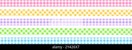 Set of textile tapes with checkered pattern. Cute colorful ribbons with gingham or vichy print isolated on white background. Pieces of fabric with a plaid print. Vector flat illustration. Stock Vector
