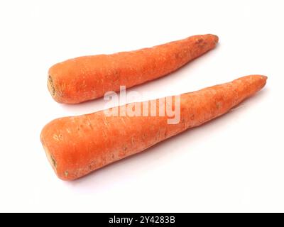 Two fresh carrots are displayed on a white background Stock Photo