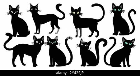 A set of eight black cat silhouettes, each in a different pose, perfect for adding a touch of whimsy to your designs. Stock Vector