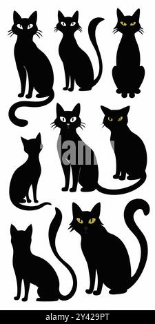 A set of eight black cat silhouettes in various poses, perfect for Halloween decorations, graphic design projects. Stock Vector