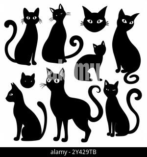 A set of nine black cat silhouettes in various poses, perfect for adding a touch of playful whimsy to your designs. Stock Vector