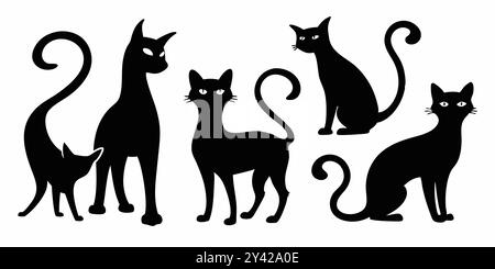 A set of five black cat silhouettes, perfect for adding a touch of spooky charm to your Halloween designs.  These simple. Stock Vector