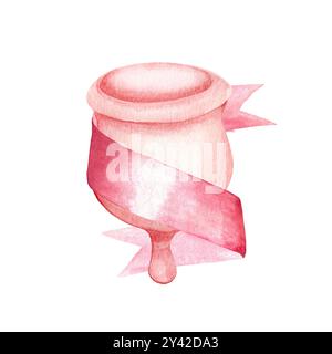 A menstrual cup and a satin ribbon watercolor composition isolated on white. Great for eco-friendly menstrual care design, ads, packaging, blogs Stock Photo